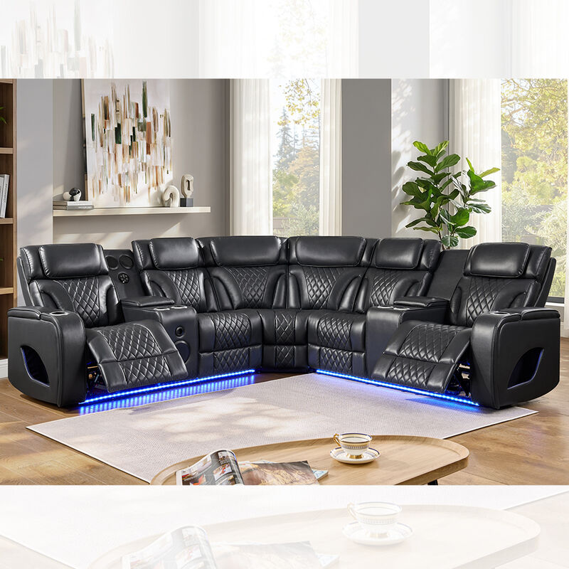 Sofá de esquina Power Recliner con 2 asientos Power Recliner y apoyacabezas Power y altavoz y almacenamiento y luz LED, función de masaje, Leatherette negro
